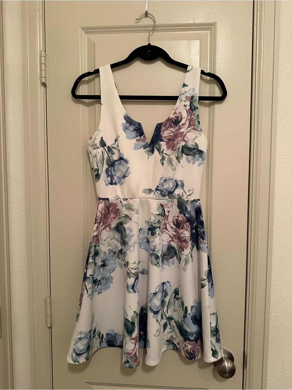 Francesca's Collections White Floral V-Neck Mini Dress with Blue and Rose Blooms